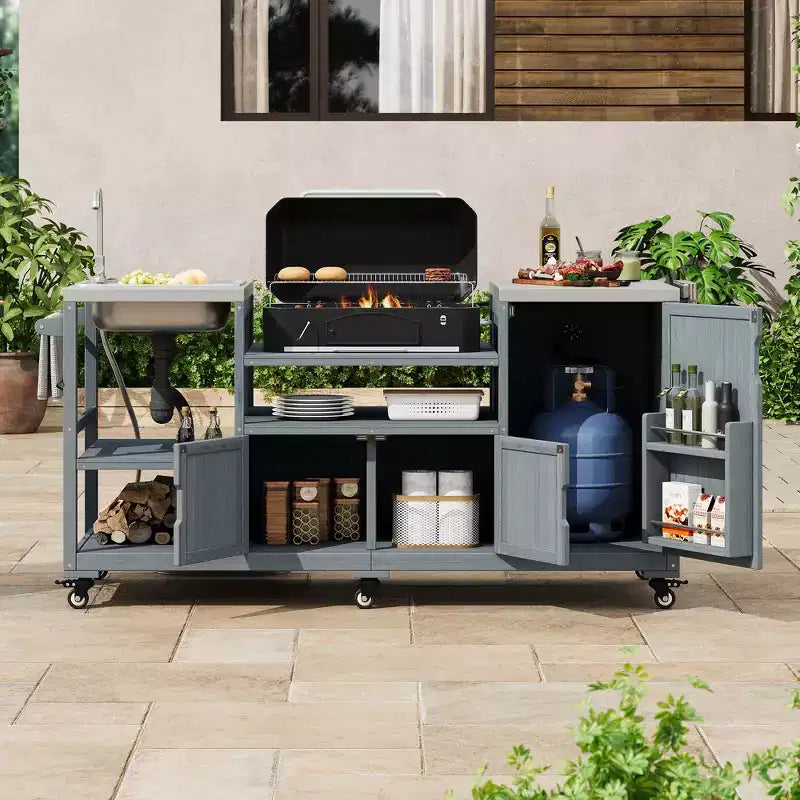 Îlot de cuisine extérieure Whisen 75.4, chariot de barbecue en bois massif, desserte roulante d'extérieur avec évier, grils à œufs, plateau en acier inoxydable