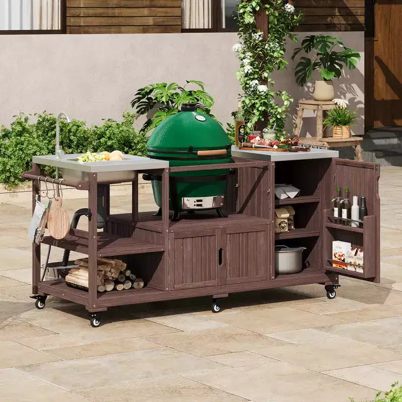 Îlot de cuisine extérieure Whisen 75.4, chariot de barbecue en bois massif, desserte roulante d'extérieur avec évier, grils à œufs, plateau en acier inoxydable