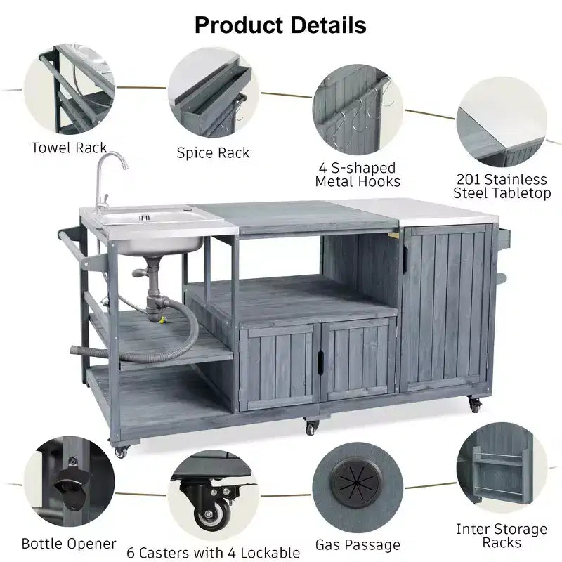 Îlot de cuisine extérieure Whisen 75.4, chariot de barbecue en bois massif, desserte roulante d'extérieur avec évier, grils à œufs, plateau en acier inoxydable