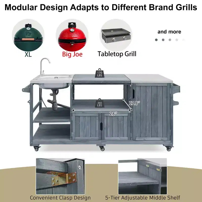 Îlot de cuisine extérieure Whisen 75.4, chariot de barbecue en bois massif, desserte roulante d'extérieur avec évier, grils à œufs, plateau en acier inoxydable