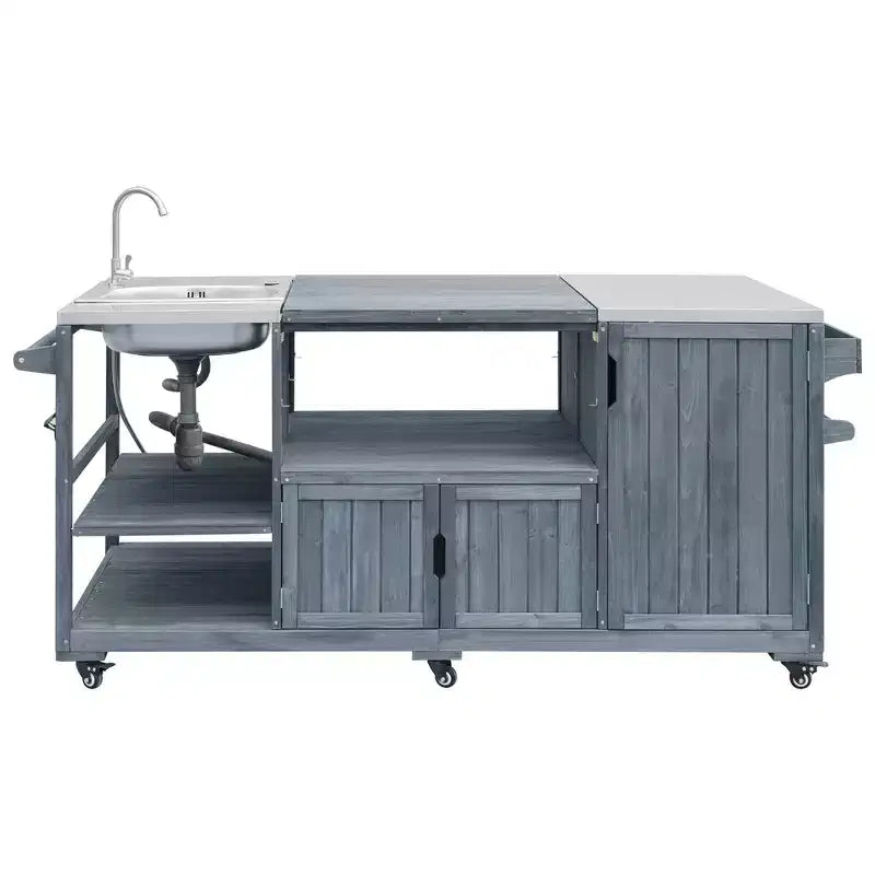 Îlot de cuisine extérieure Whisen 75.4, chariot de barbecue en bois massif, desserte roulante d'extérieur avec évier, grils à œufs, plateau en acier inoxydable