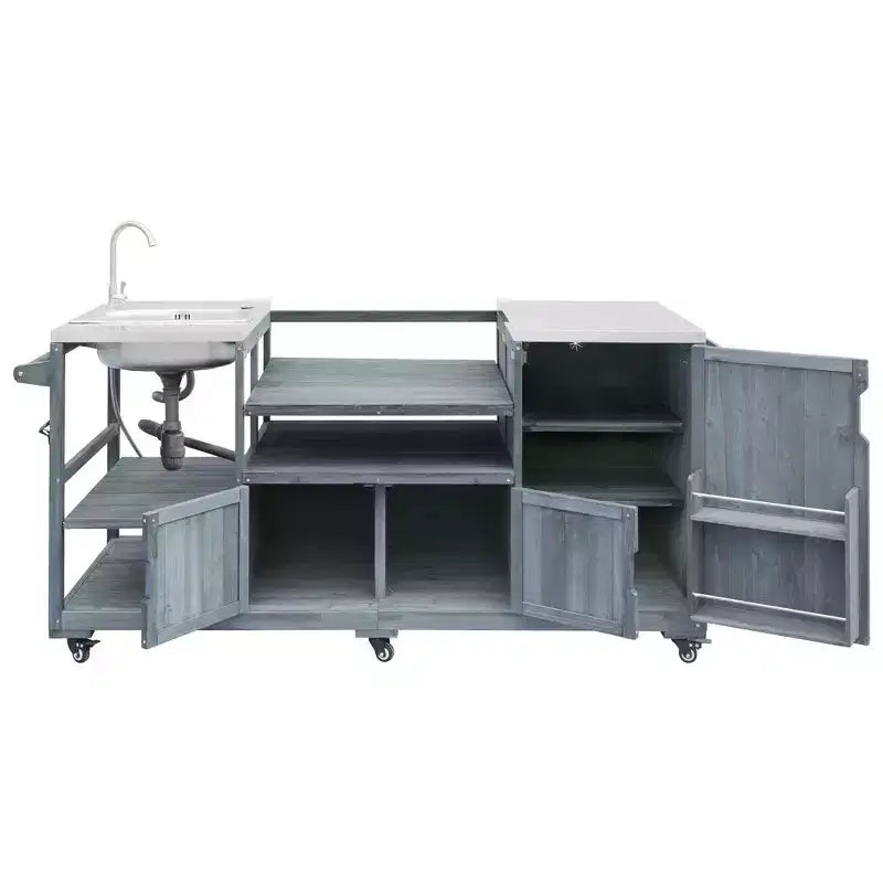 Îlot de cuisine extérieure Whisen 75.4, chariot de barbecue en bois massif, desserte roulante d'extérieur avec évier, grils à œufs, plateau en acier inoxydable