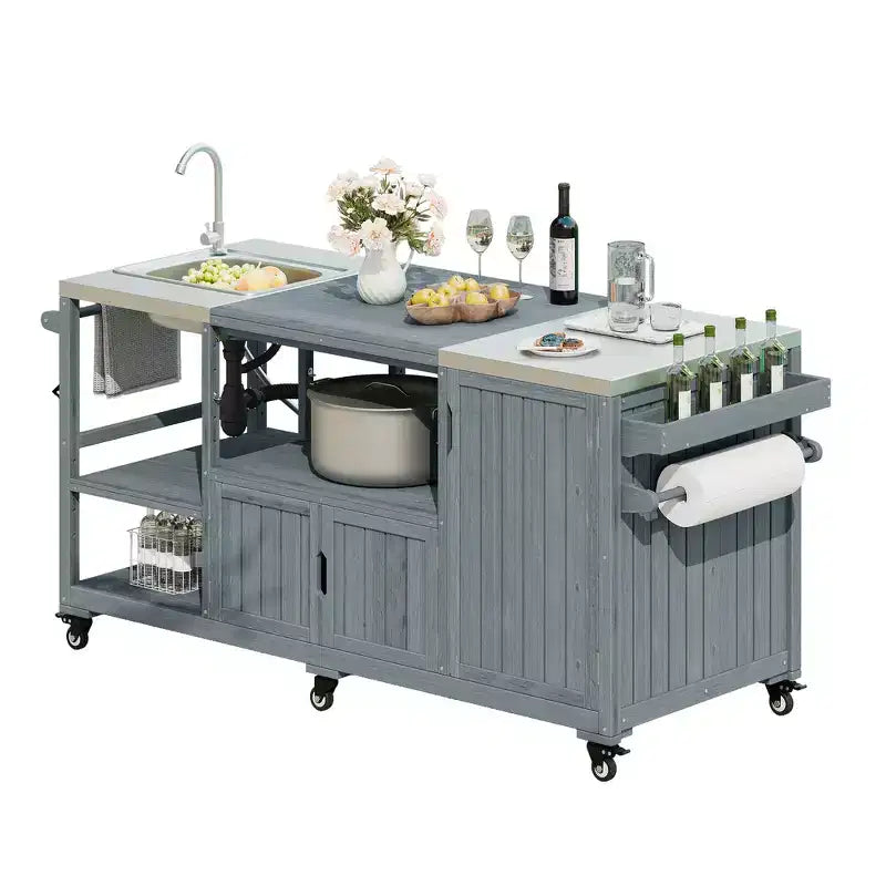 Îlot de cuisine extérieure Whisen 75.4, chariot de barbecue en bois massif, desserte roulante d'extérieur avec évier, grils à œufs, plateau en acier inoxydable