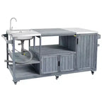 Îlot de cuisine extérieure Whisen 75.4, chariot de barbecue en bois massif, desserte roulante d'extérieur avec évier, grils à œufs, plateau en acier inoxydable