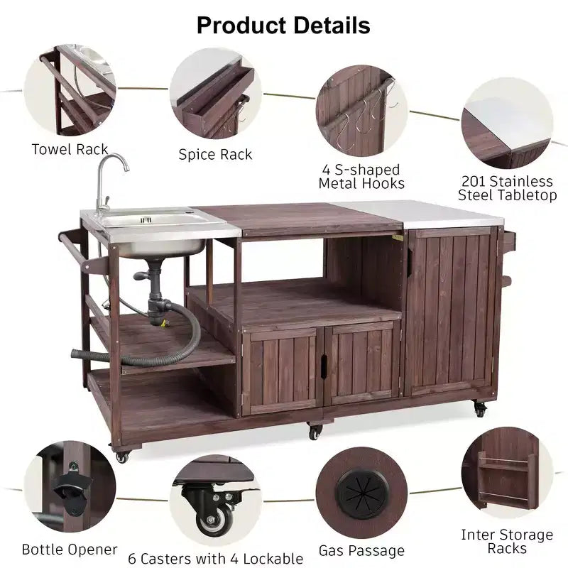 Îlot de cuisine extérieure Whisen 75.4, chariot de barbecue en bois massif, desserte roulante d'extérieur avec évier, grils à œufs, plateau en acier inoxydable