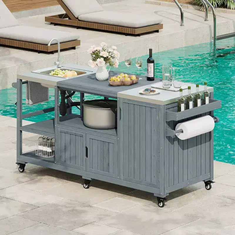 Îlot de cuisine extérieure Whisen 75.4, chariot de barbecue en bois massif, desserte roulante d'extérieur avec évier, grils à œufs, plateau en acier inoxydable