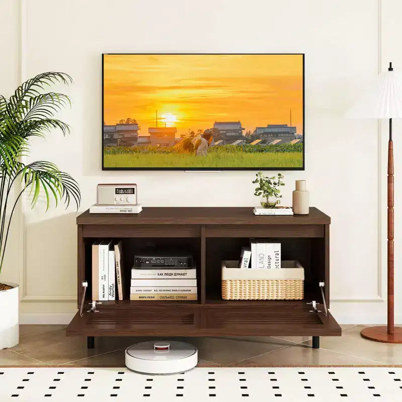 Meuble TV Mid-Century cannelé Costway pour téléviseur de 40 pouces avec compartiment ouvert ou 2 compartiments cachés