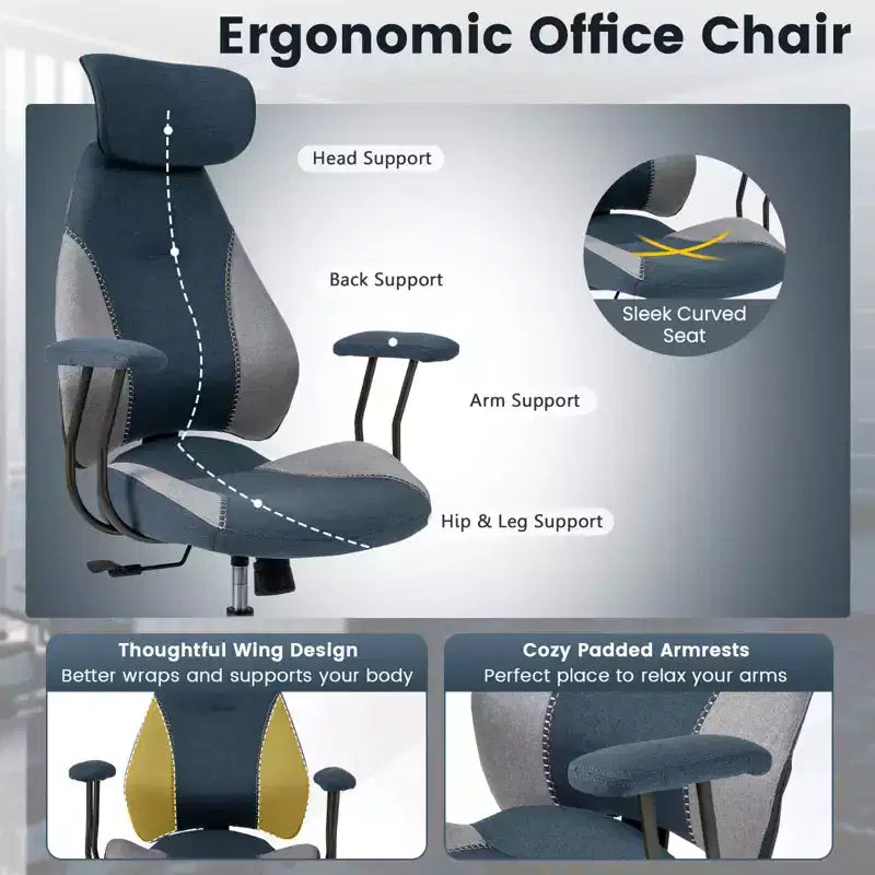 Costway Ergonomic Office Chair with 2D Headrest, Rocking Backrest & Wheels, Gaming Chair Blue/Brown & Beige/Gray & Blue