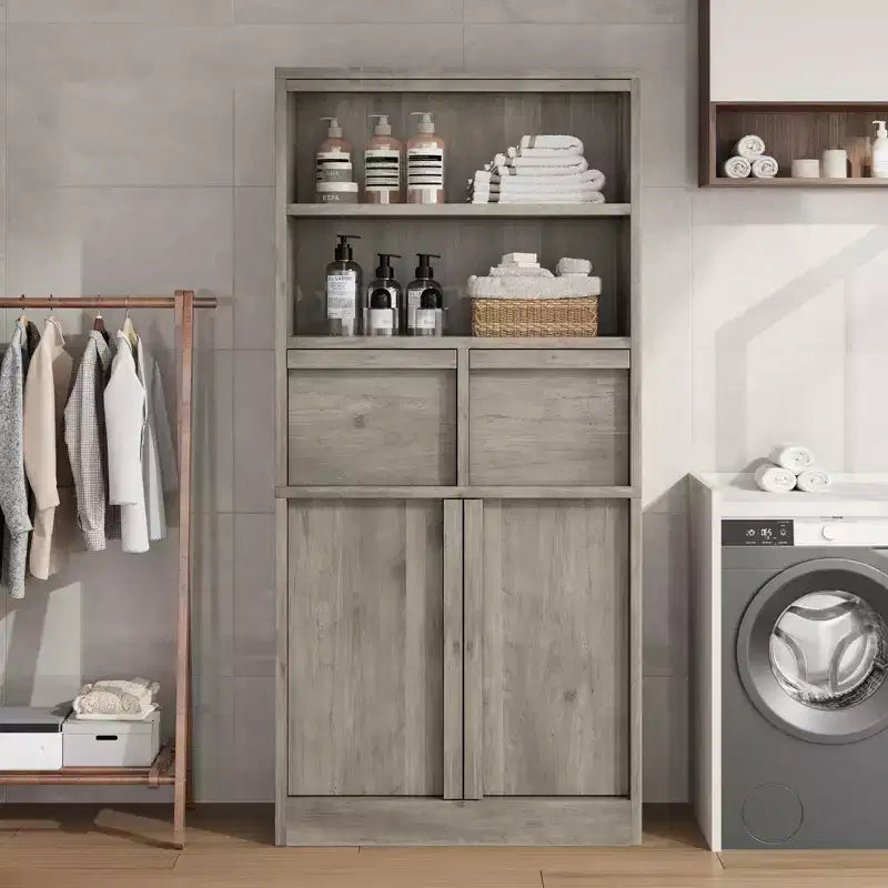 Meuble de rangement haut de salle de bain de 130 cm, organisateur de plancher autonome avec portes et 2 tiroirs pour salle de bain, salon, cuisine et garde-manger