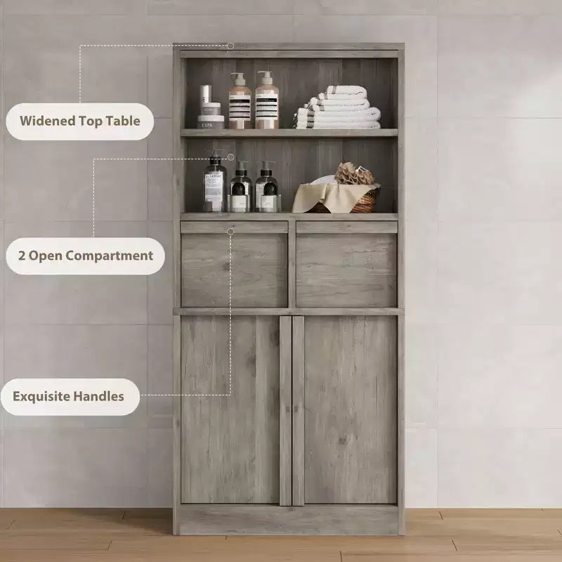 Meuble de rangement haut de salle de bain de 130 cm, organisateur de plancher autonome avec portes et 2 tiroirs pour salle de bain, salon, cuisine et garde-manger