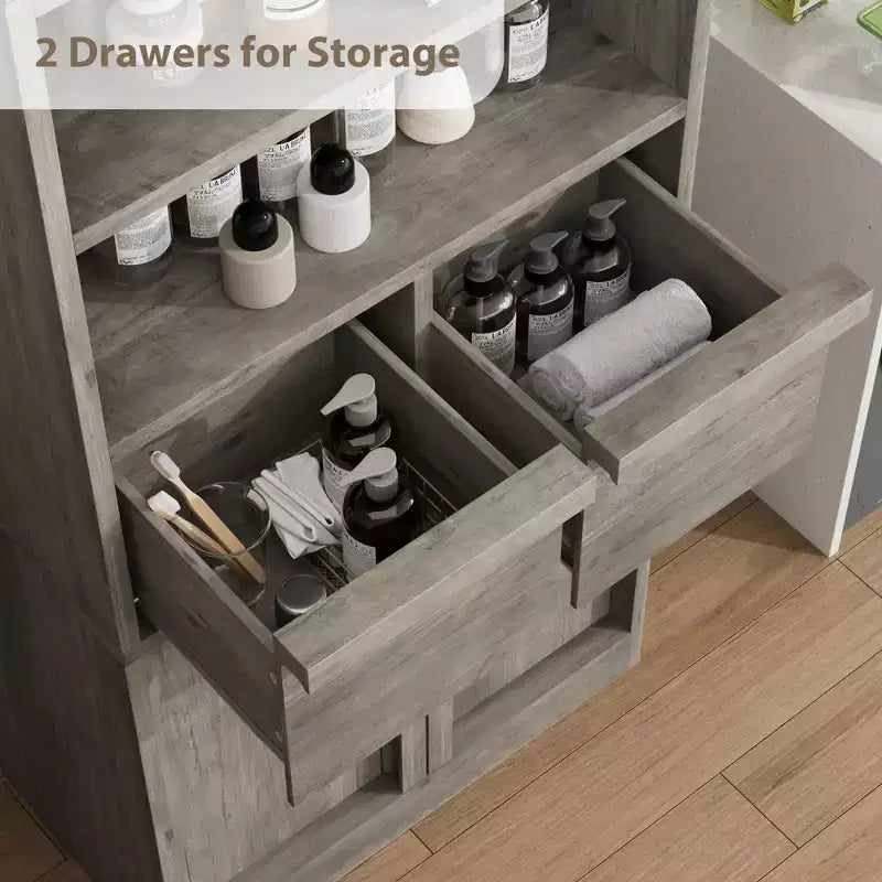 Meuble de rangement haut de salle de bain de 130 cm, organisateur de plancher autonome avec portes et 2 tiroirs pour salle de bain, salon, cuisine et garde-manger