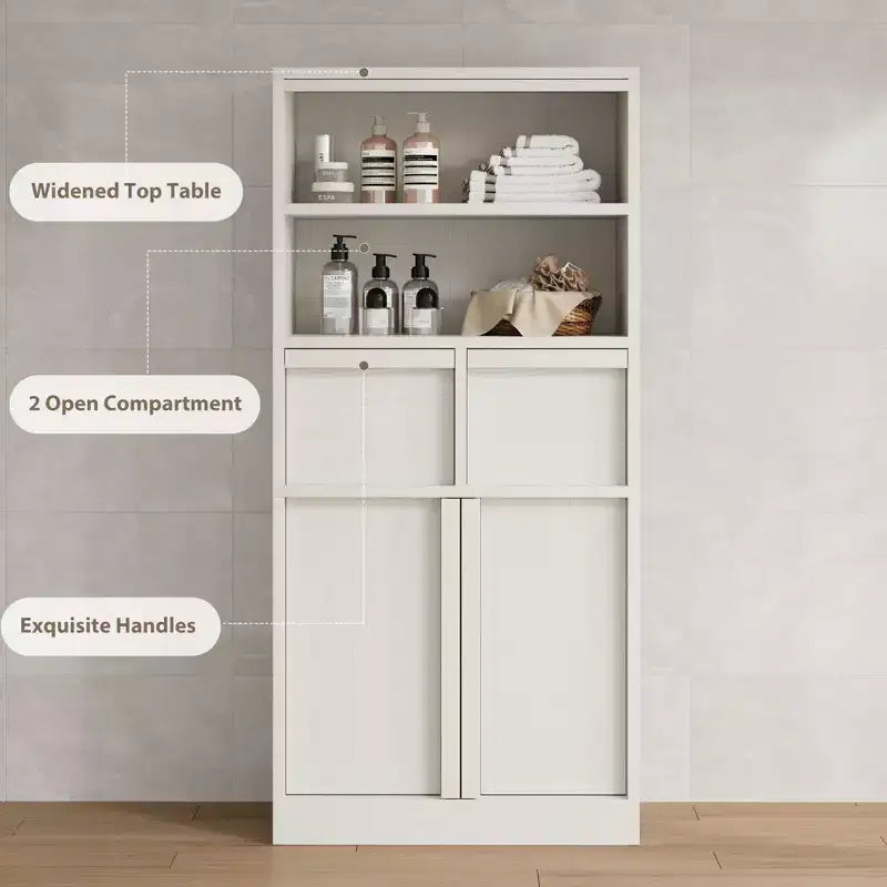 Meuble de rangement haut de salle de bain de 130 cm, organisateur de plancher autonome avec portes et 2 tiroirs pour salle de bain, salon, cuisine et garde-manger