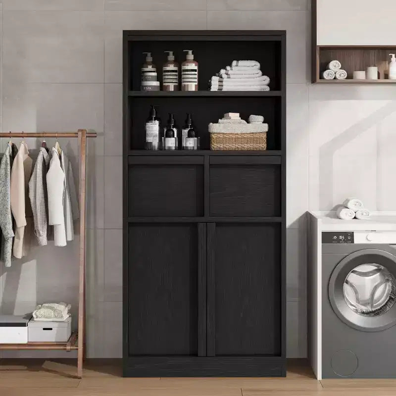 Meuble de rangement haut de salle de bain de 130 cm, organisateur de plancher autonome avec portes et 2 tiroirs pour salle de bain, salon, cuisine et garde-manger