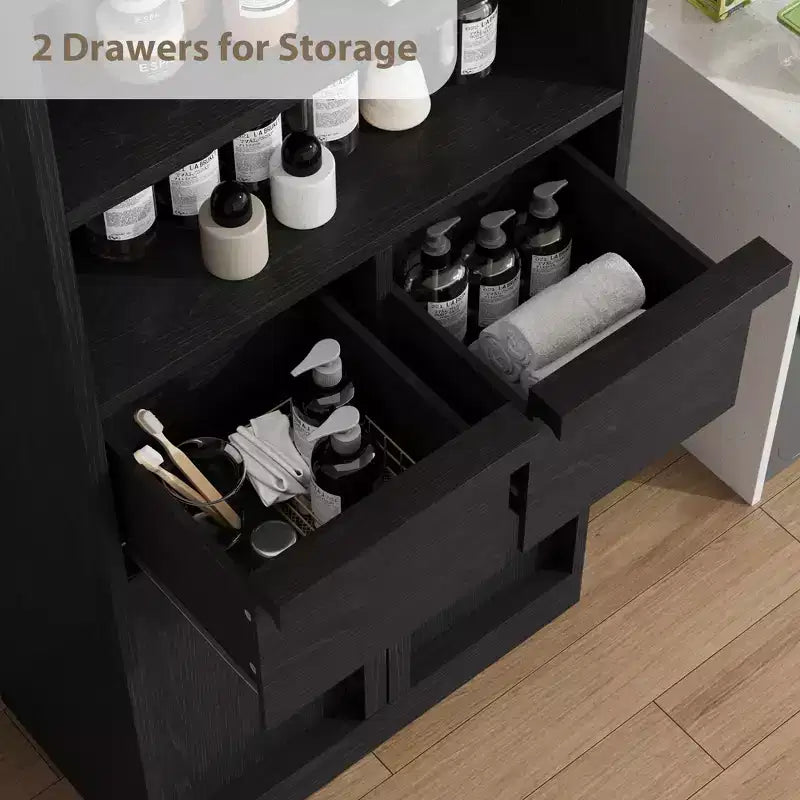 Meuble de rangement haut de salle de bain de 130 cm, organisateur de plancher autonome avec portes et 2 tiroirs pour salle de bain, salon, cuisine et garde-manger