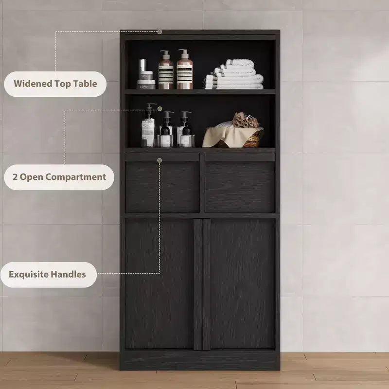 Meuble de rangement haut de salle de bain de 130 cm, organisateur de plancher autonome avec portes et 2 tiroirs pour salle de bain, salon, cuisine et garde-manger