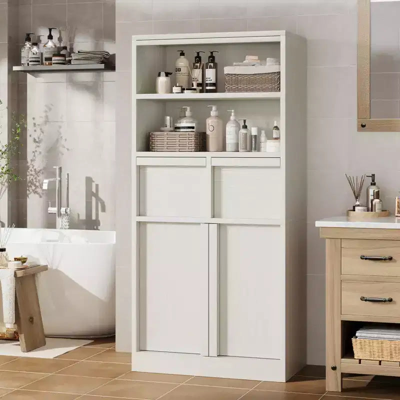 Meuble de rangement haut de salle de bain de 130 cm, organisateur de plancher autonome avec portes et 2 tiroirs pour salle de bain, salon, cuisine et garde-manger