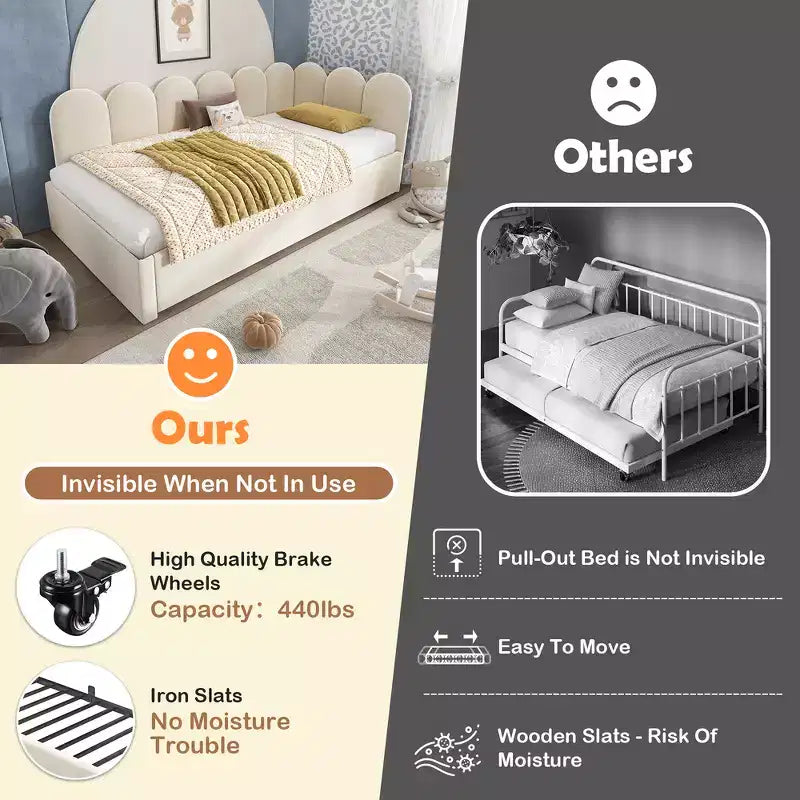 Zeus & Ruta Twin Size Velvet Upholstered Daybed with Pull-Out Bed & Metal Slat Frame