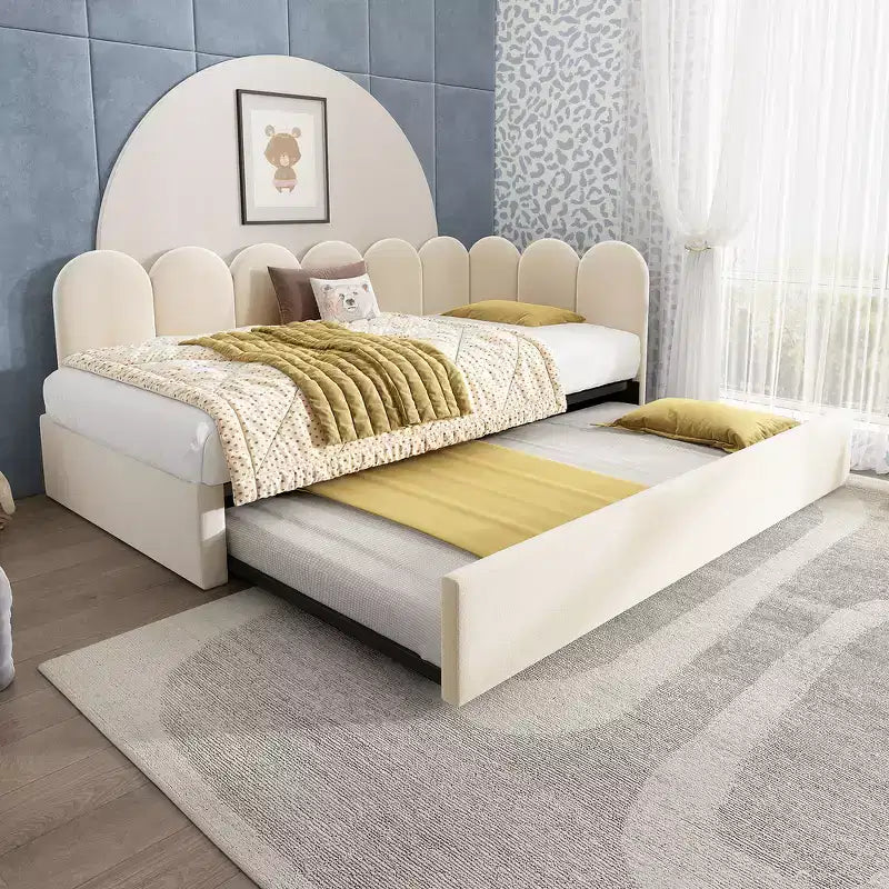 Zeus & Ruta Twin Size Velvet Upholstered Daybed with Pull-Out Bed & Metal Slat Frame