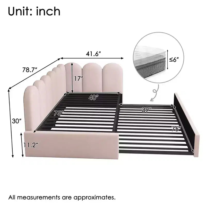 Zeus & Ruta Twin Size Velvet Upholstered Daybed with Pull-Out Bed & Metal Slat Frame