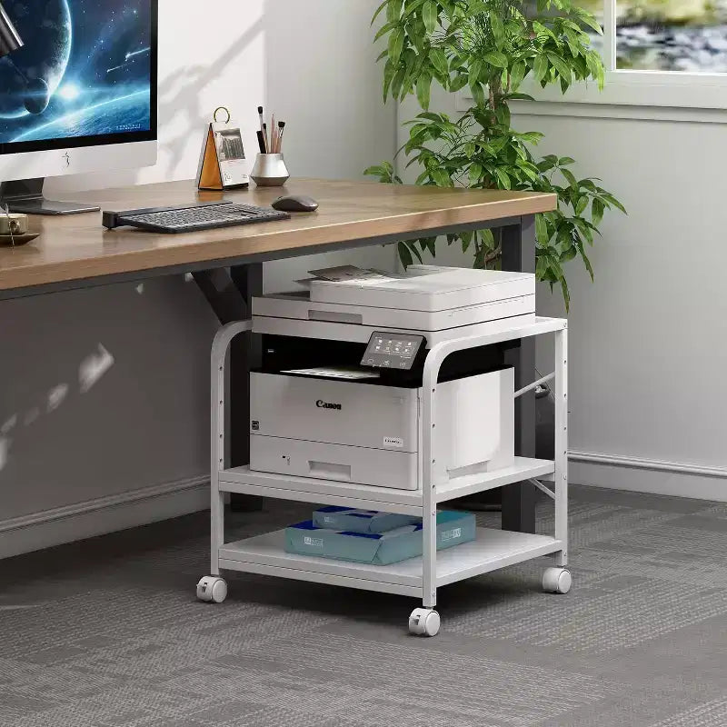 Meuble d'imprimante à 2 niveaux, support d'imprimante sous le comptoir avec étagère réglable en hauteur, chariot d'imprimante roulant avec roulettes pour le rangement du bureau à domicile