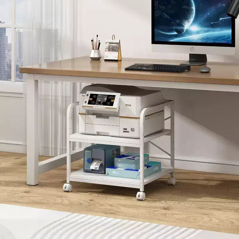 Meuble d'imprimante à 2 niveaux, support d'imprimante sous le comptoir avec étagère réglable en hauteur, chariot d'imprimante roulant avec roulettes pour le rangement du bureau à domicile