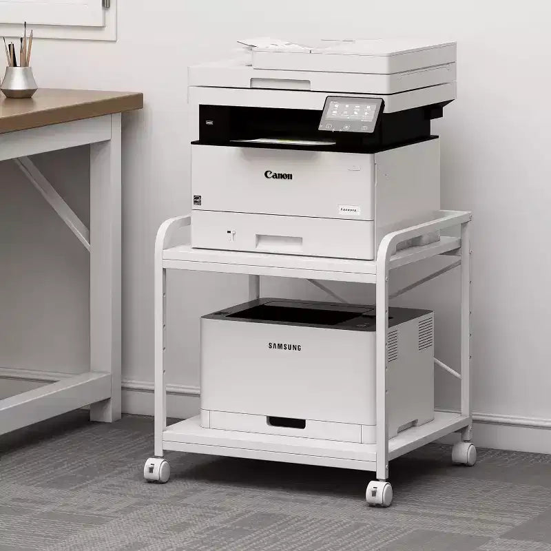 Meuble d'imprimante à 2 niveaux, support d'imprimante sous le comptoir avec étagère réglable en hauteur, chariot d'imprimante roulant avec roulettes pour le rangement du bureau à domicile