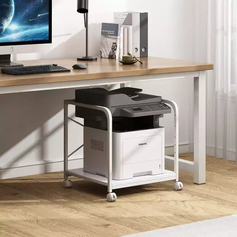 Meuble d'imprimante à 2 niveaux, support d'imprimante sous le comptoir avec étagère réglable en hauteur, chariot d'imprimante roulant avec roulettes pour le rangement du bureau à domicile