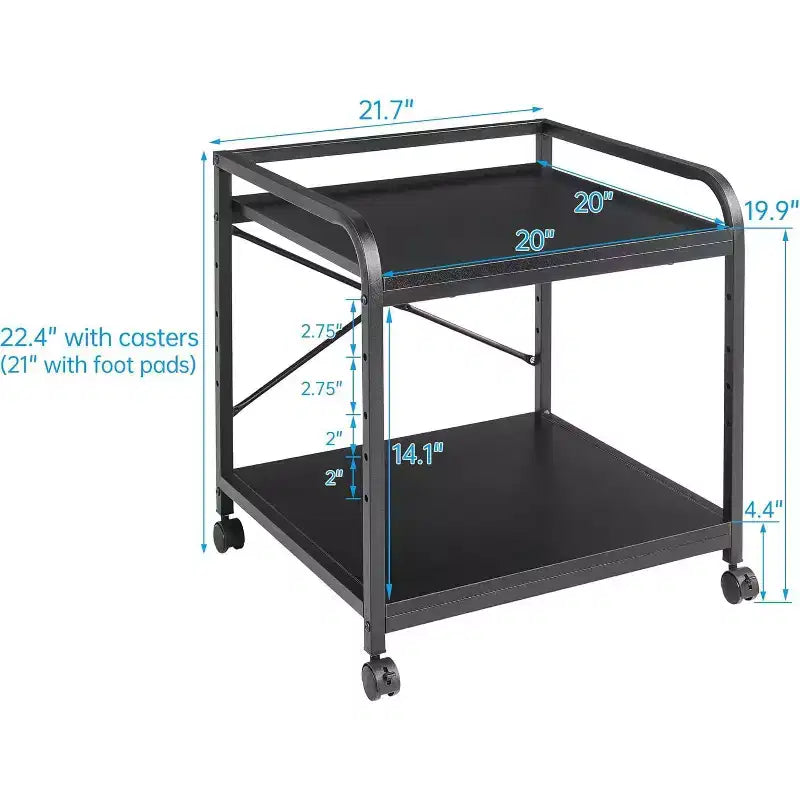 Meuble d'imprimante à 2 niveaux, support d'imprimante sous le comptoir avec étagère réglable en hauteur, chariot d'imprimante roulant avec roulettes pour le rangement du bureau à domicile