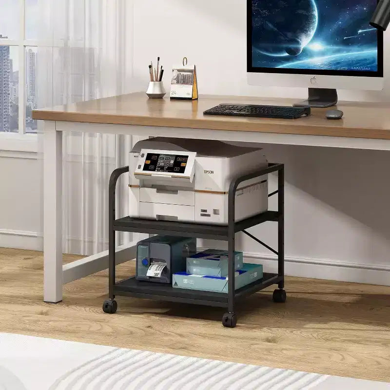 Meuble d'imprimante à 2 niveaux, support d'imprimante sous le comptoir avec étagère réglable en hauteur, chariot d'imprimante roulant avec roulettes pour le rangement du bureau à domicile
