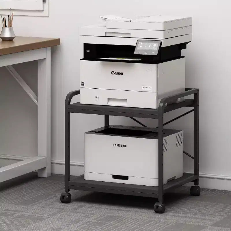 Meuble d'imprimante à 2 niveaux, support d'imprimante sous le comptoir avec étagère réglable en hauteur, chariot d'imprimante roulant avec roulettes pour le rangement du bureau à domicile