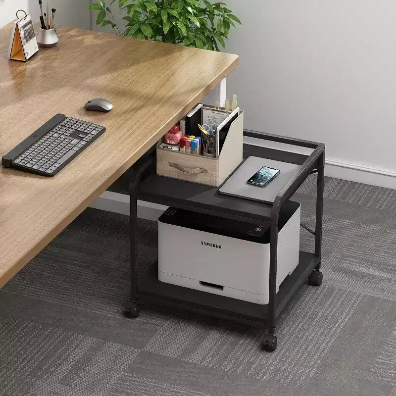 Meuble d'imprimante à 2 niveaux, support d'imprimante sous le comptoir avec étagère réglable en hauteur, chariot d'imprimante roulant avec roulettes pour le rangement du bureau à domicile