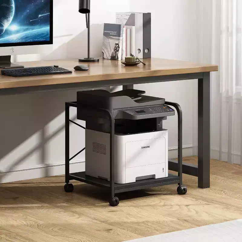 Meuble d'imprimante à 2 niveaux, support d'imprimante sous le comptoir avec étagère réglable en hauteur, chariot d'imprimante roulant avec roulettes pour le rangement du bureau à domicile