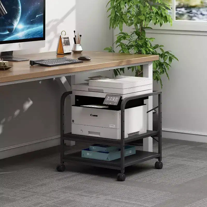 2-Tier Large Printer Stand, Under-Counter Printer Desk with Height-Adjustable Shelf, Rolling Printer Cart with Wheels for Home Office Storage
