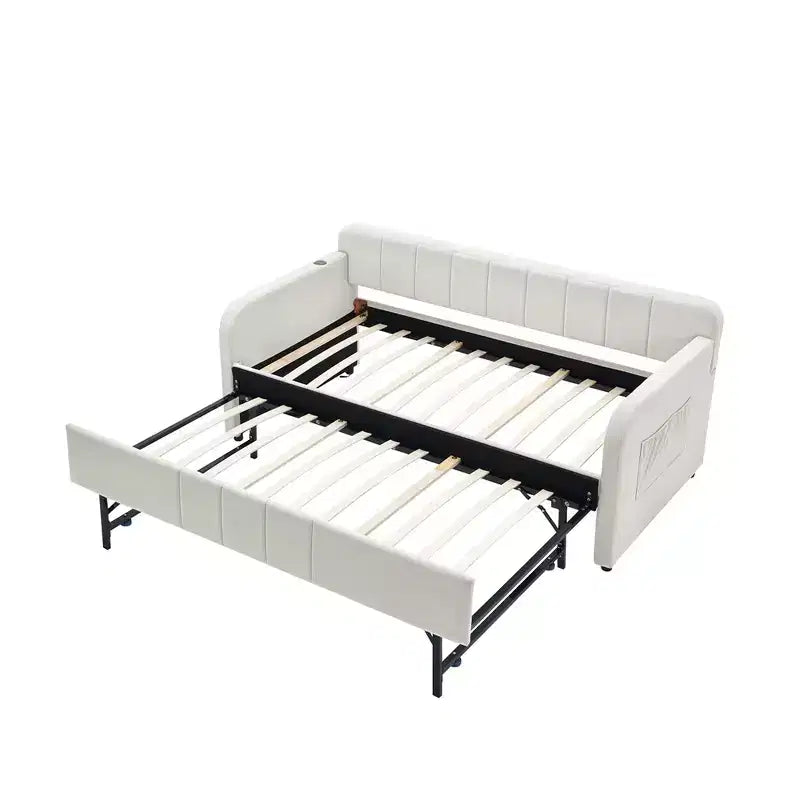 Cadre de lit de repos capitonné jumeau Zeus et Ruta avec lit gigogne pour chambre à coucher, salon, chambre d'amis