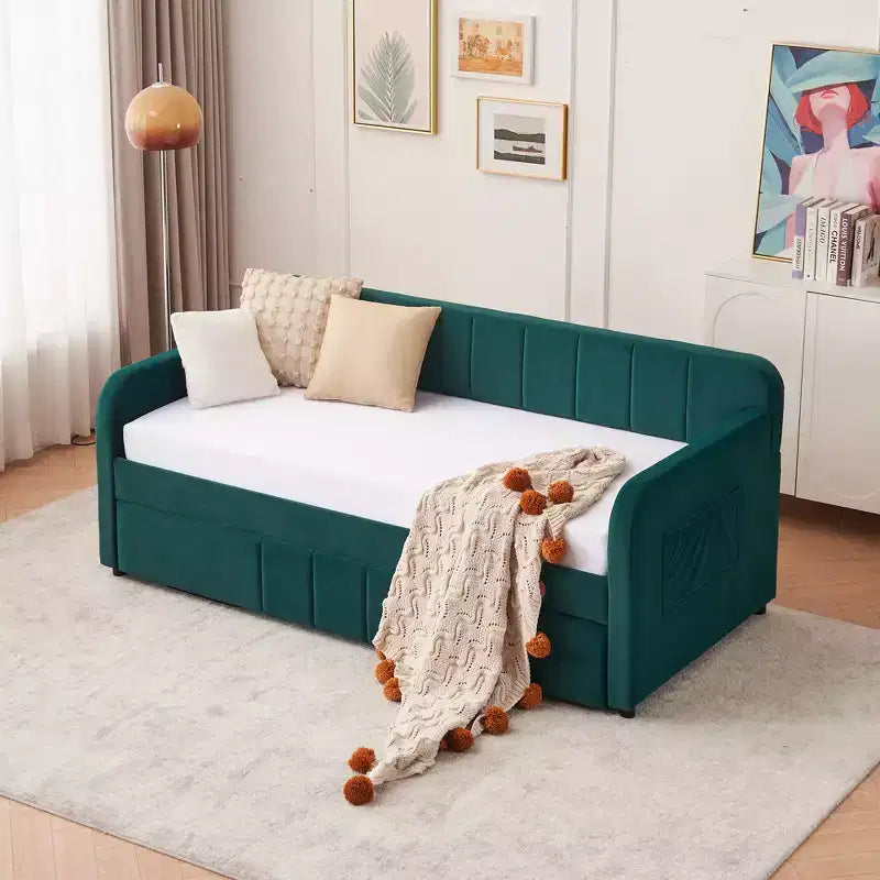 Cadre de lit de repos capitonné jumeau Zeus et Ruta avec lit gigogne pour chambre à coucher, salon, chambre d'amis