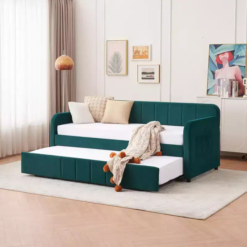 Cadre de lit de repos capitonné jumeau Zeus et Ruta avec lit gigogne pour chambre à coucher, salon, chambre d'amis