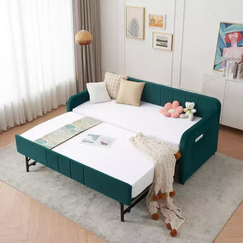 Cadre de lit de repos capitonné jumeau Zeus et Ruta avec lit gigogne pour chambre à coucher, salon, chambre d'amis