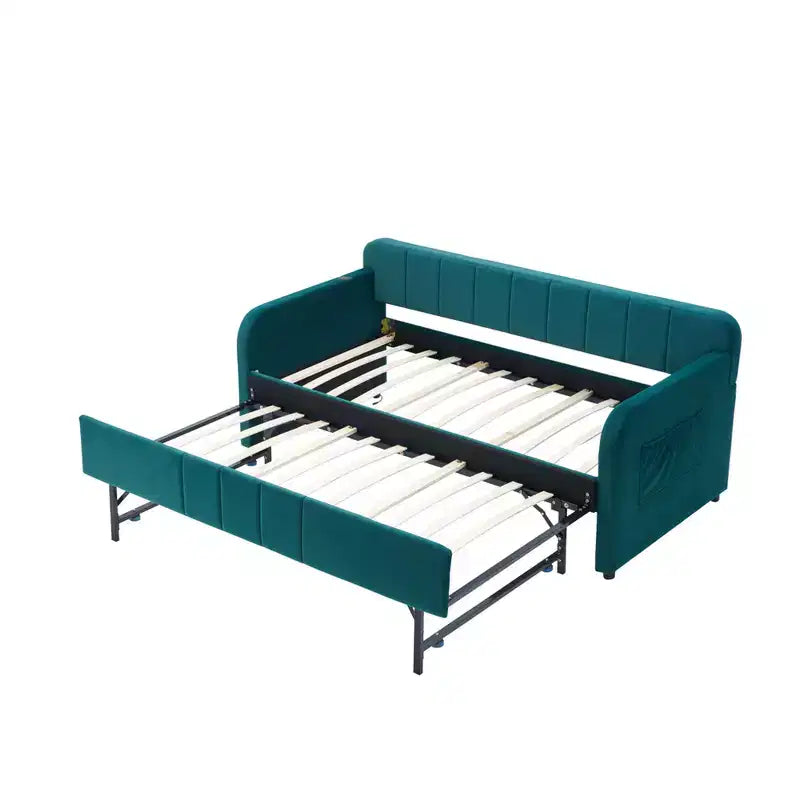 Cadre de lit de repos capitonné jumeau Zeus et Ruta avec lit gigogne pour chambre à coucher, salon, chambre d'amis