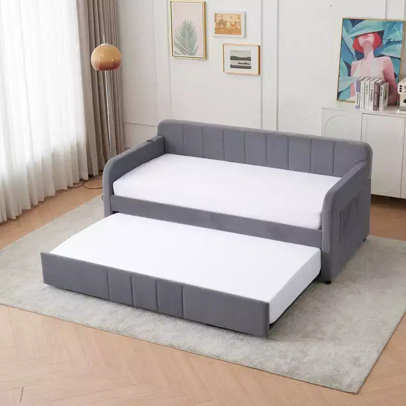 Cadre de lit de repos capitonné jumeau Zeus et Ruta avec lit gigogne pour chambre à coucher, salon, chambre d'amis
