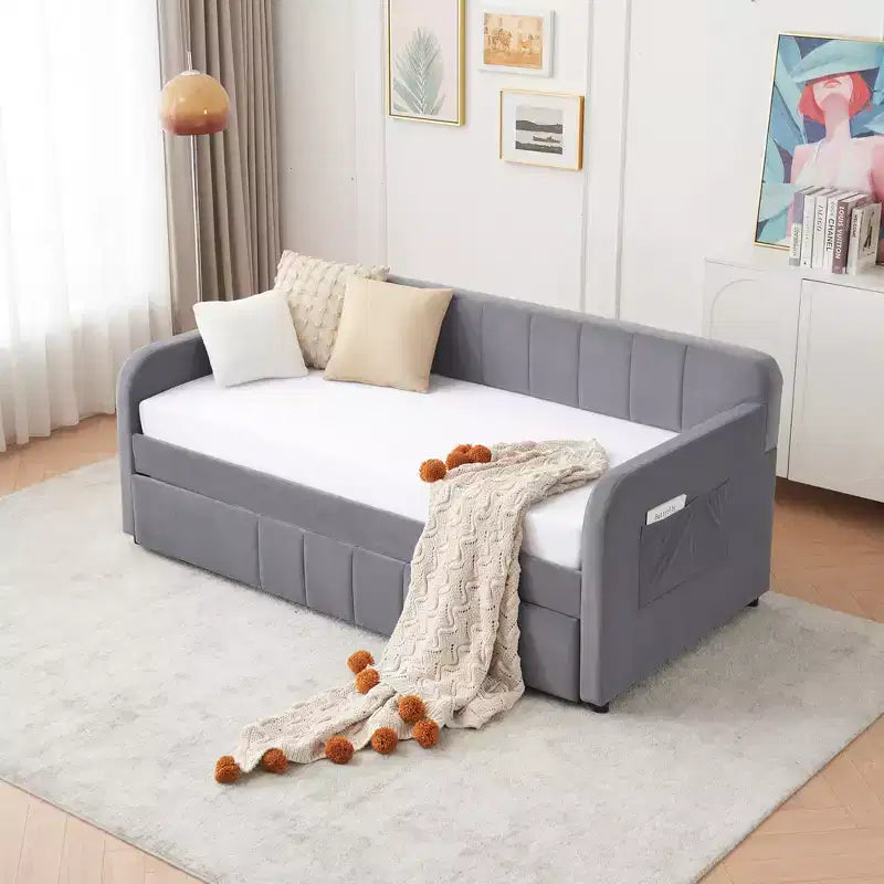 Cadre de lit de repos capitonné jumeau Zeus et Ruta avec lit gigogne pour chambre à coucher, salon, chambre d'amis