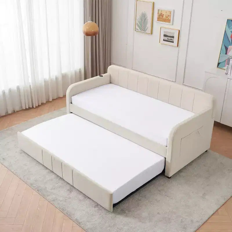 Cadre de lit de repos capitonné jumeau Zeus et Ruta avec lit gigogne pour chambre à coucher, salon, chambre d'amis