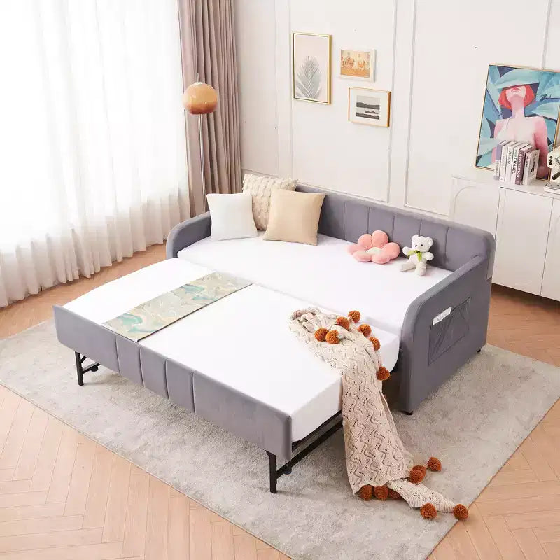Cadre de lit de repos capitonné jumeau Zeus et Ruta avec lit gigogne pour chambre à coucher, salon, chambre d'amis