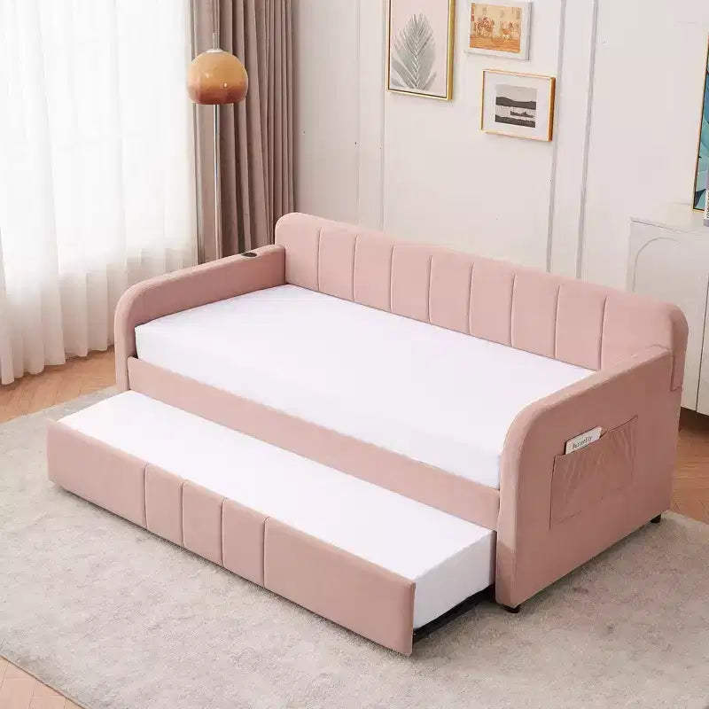 Cadre de lit de repos capitonné jumeau Zeus et Ruta avec lit gigogne pour chambre à coucher, salon, chambre d'amis
