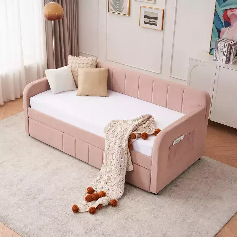 Cadre de lit de repos capitonné jumeau Zeus et Ruta avec lit gigogne pour chambre à coucher, salon, chambre d'amis