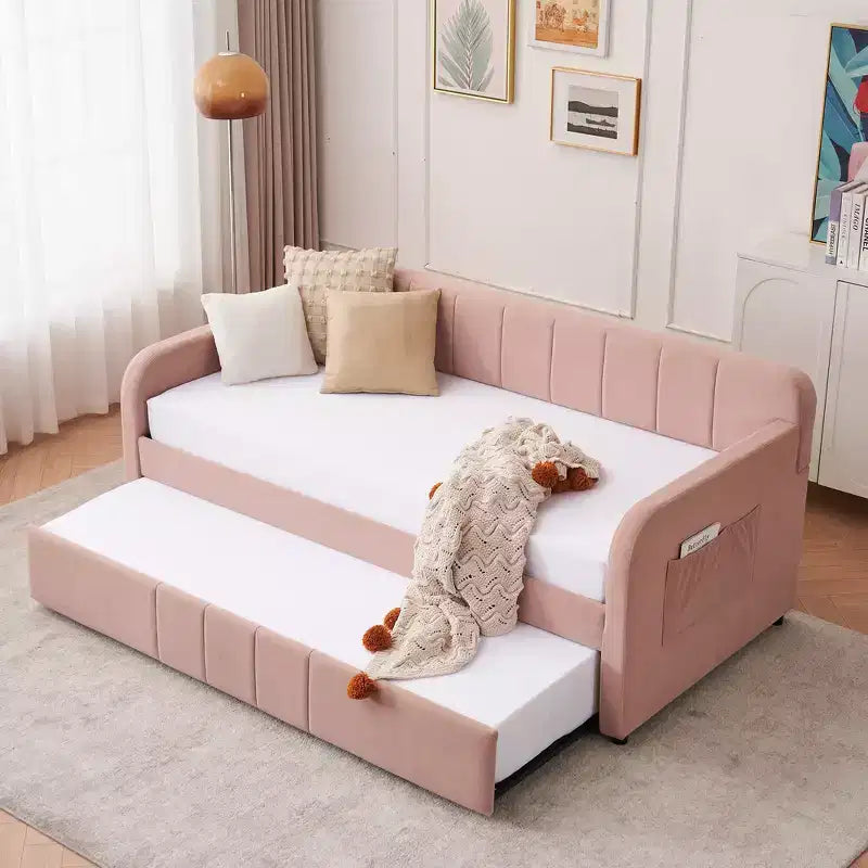Cadre de lit de repos capitonné jumeau Zeus et Ruta avec lit gigogne pour chambre à coucher, salon, chambre d'amis