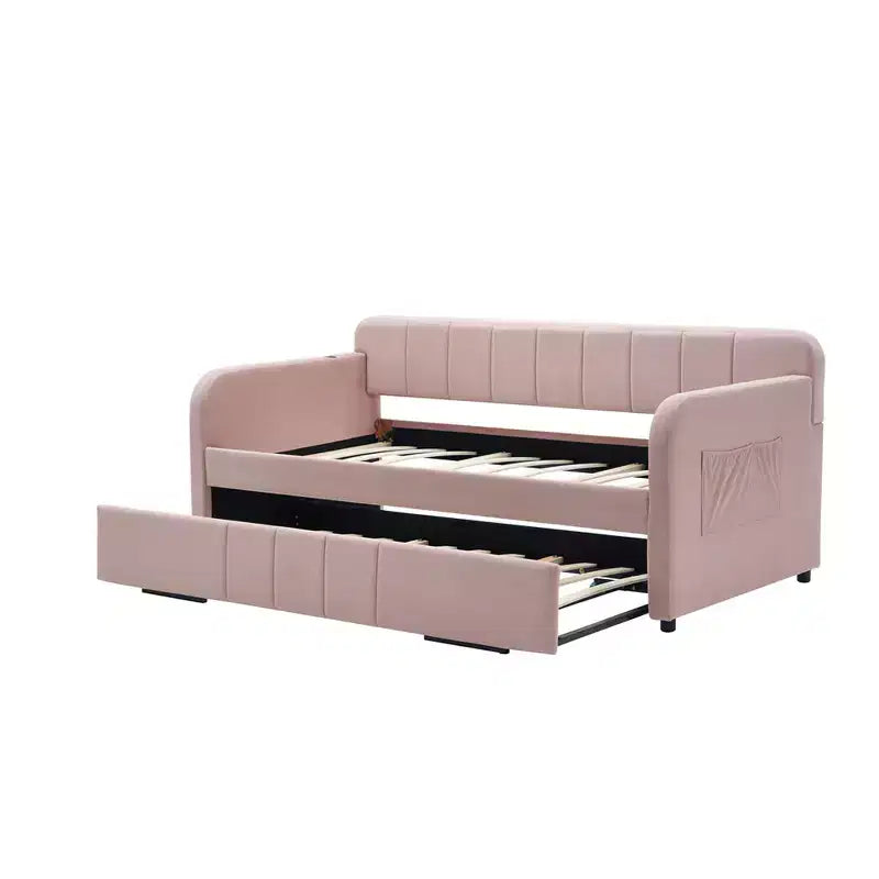 Cadre de lit de repos capitonné jumeau Zeus et Ruta avec lit gigogne pour chambre à coucher, salon, chambre d'amis