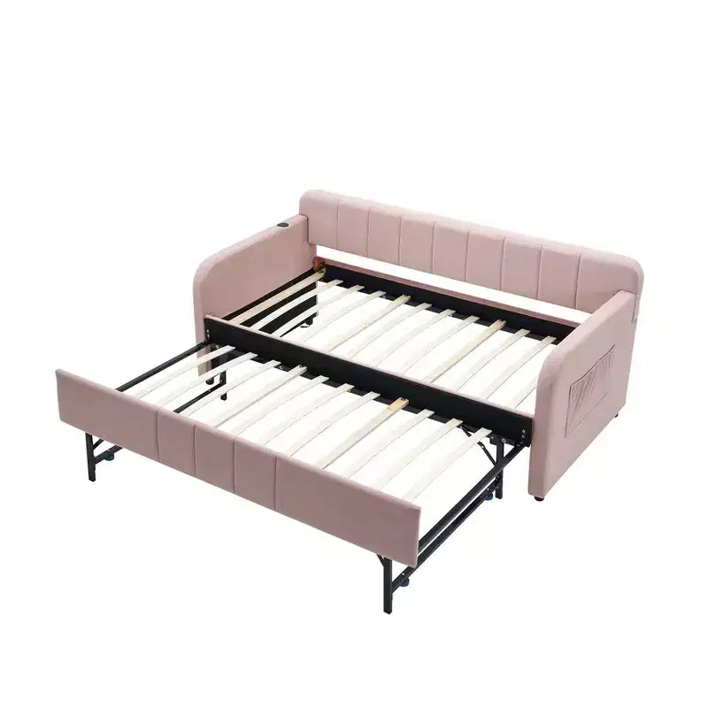 Cadre de lit de repos capitonné jumeau Zeus et Ruta avec lit gigogne pour chambre à coucher, salon, chambre d'amis