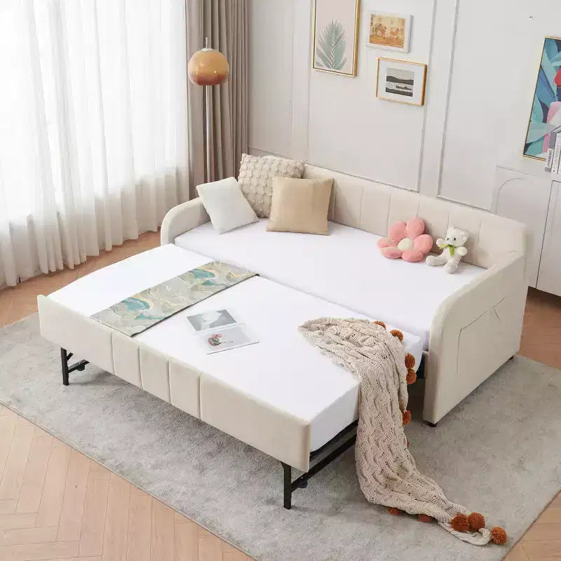 Cadre de lit de repos capitonné jumeau Zeus et Ruta avec lit gigogne pour chambre à coucher, salon, chambre d'amis