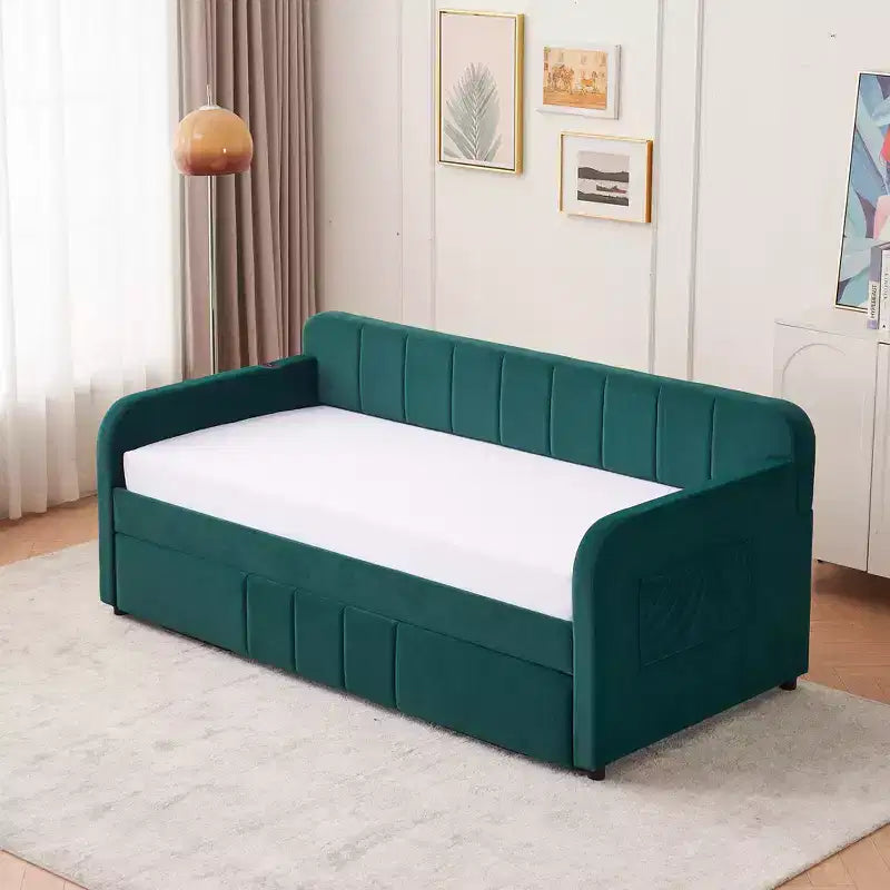Cadre de lit de repos capitonné jumeau Zeus et Ruta avec lit gigogne pour chambre à coucher, salon, chambre d'amis