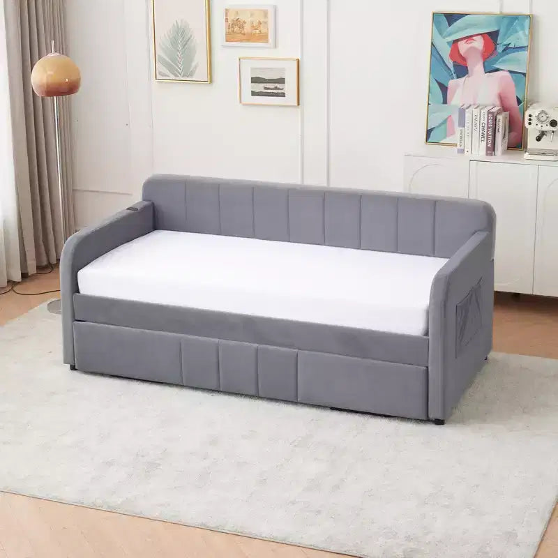 Cadre de lit de repos capitonné jumeau Zeus et Ruta avec lit gigogne pour chambre à coucher, salon, chambre d'amis